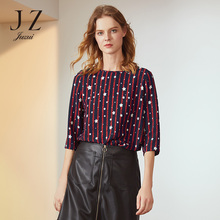 JUZUI/玖姿旗舰店2018秋装新款圆领撞色竖条纹套头上衣女小衫图片