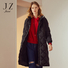 JUZUI/玖姿旗舰店2018冬装银色连帽抽绳贴布中长羽绒服过膝图片