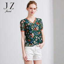 JUZUI/玖姿旗舰店2018夏季新款减龄印花网纱上衣女短袖T恤女图片