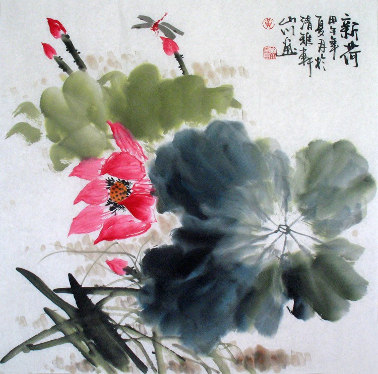 新四尺斗方写意荷花蜻蜓花鸟名家作品原稿纯手绘水墨画中国画
