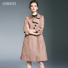 OIBEE2018早秋新款女装时尚韩版抽绳收腰卡其色中长款风衣外套女图片