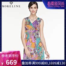 MORELINE沐兰夏季新品V领无袖修身桑蚕丝印花真丝连衣裙7225203图片