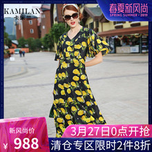 KAMILAN 卡米兰2016春装新品印花桑蚕丝连衣裙女荷叶袖真丝中长裙图片