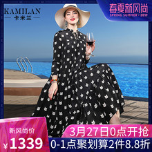 KAMILAN 卡米兰真丝连衣裙女春装2019新款宽松中长款印花沙滩裙图片