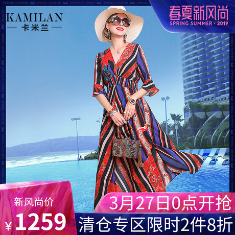 KAMILAN 卡米兰2018夏新款V领印花真丝连衣裙女宽松七分袖中长裙商品大图