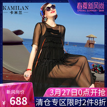 KAMILAN 卡米兰2017春夏新款七分袖真丝连衣裙女宽松中长裙图片