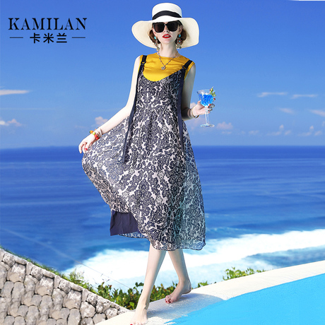 KAMILAN 卡米兰2019夏季新款真丝连衣裙女中长款印花桑蚕丝裙子商品大图