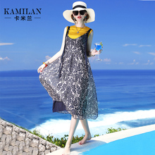 KAMILAN 卡米兰2019夏季新款真丝连衣裙女中长款印花桑蚕丝裙子图片
