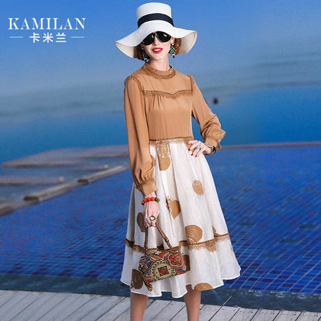KAMILAN 卡米兰2018春新款小立领真丝拼接印花连衣裙女宽松中长裙商品大图