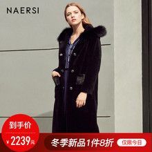 娜尔思女装毛呢大衣2018冬季新款时尚宽松水貂毛领羊剪绒皮草外套图片