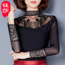 女士蕾丝加绒打底衫女长袖秋冬立领网纱性感镂空上衣加厚保暖百搭