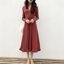 绑带收腰连衣裙复古港味长裙子潮 修身 女2018新款 V领长袖 韩版 秋装