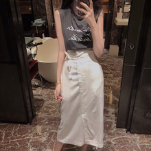 半身裙 女夏 印花背心套装 港味复古chic高腰系带中长款 朵拉潮人馆