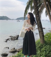 衬衫 花瓣领泡泡袖 港味复古chic木耳边拼接花苞松紧高腰半身裙
