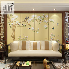 现代新中式花鸟壁纸兰花硬包电视背景墙壁画客厅墙纸影视墙3d墙布