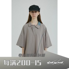 PLAN19ss复古灰褶皱格子拼接斜门襟男女情侣polo衫 BLIND402