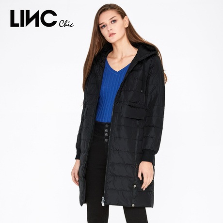 LINC金羽杰2018秋冬新款白鸭绒轻薄羽绒服女中长款直筒黑色外套潮商品大图