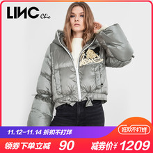 LINC金羽杰2018冬新品街头风创意猫头喇叭袖羽绒服女短款8434101图片