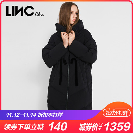 LINC金羽杰2018冬新品丝绒抽褶茧型羽绒服女长款过膝韩版8414320商品大图