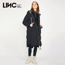 LINC金羽杰冬季新款街头运动休闲黑色连帽羽绒服女中长款7461012图片