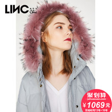 LINC金羽杰冬季新街头风织带拼接貉子毛领羽绒服女中长款7480802图片