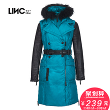 LINC金羽杰时尚撞色拼接羽绒服女中长款收腰修身显瘦清仓363605图片