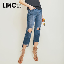 LINC金羽杰2018年夏季新款破洞水洗拼接牛仔裤女九分裤 8221851图片