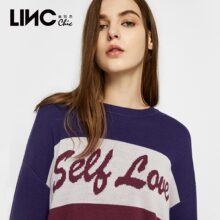LINC金羽杰2018秋装新款撞色拼接提花字母套头毛衣女宽松8311149图片