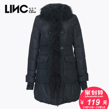 LINC金羽杰立领滩羊毛拼接修身时尚中长款女羽绒服白鸭绒363603图片