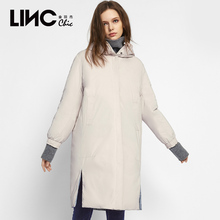 LINC金羽杰2018秋新品缠裹双面穿下摆开叉连帽羽绒服女中长款外套图片