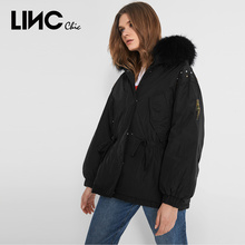 LINC金羽杰2018冬季新款铆钉大毛领羽绒服女中长款派克服8424205图片