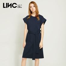LINC金羽杰2018夏季新款卷袖腰带漏腰长款连衣裙女收腰8261731图片