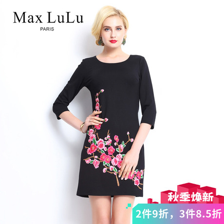 Max LuLu秋新款中老年妈妈圆领黑色刺绣印花显瘦七分袖连衣裙女商品大图