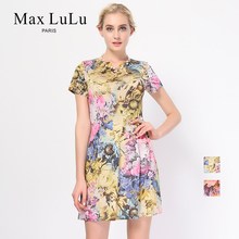 Max LuLu2018夏季新款中老年妈妈花卉印花高腰短袖大码连衣裙女图片