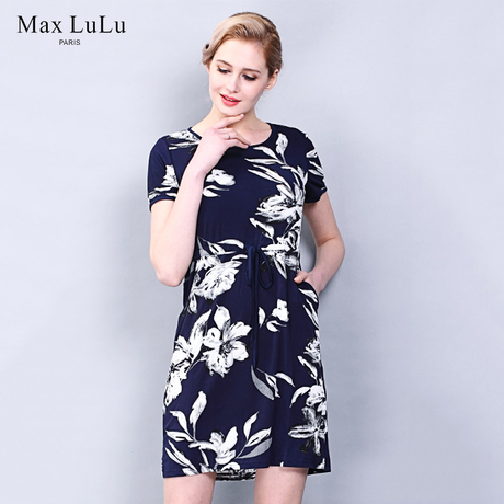 Max LuLu夏款宽松大码35-39中老年女装妈妈装素色印花系带连衣裙商品大图