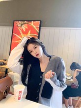 余木木韩国网红早秋新款设计感拼接衬衣开衫薄款针织衫长袖V领
