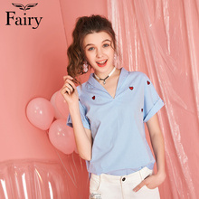 【夏热卖】fairy2018夏新款女休闲V领刺绣爱心修身条纹衬衫上衣