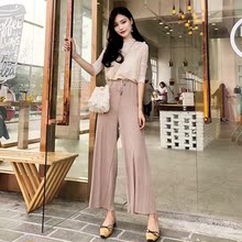 三件套 女高腰系带压褶阔腿裤 chic风亮片吊带半高领打底衫 夏季韩版