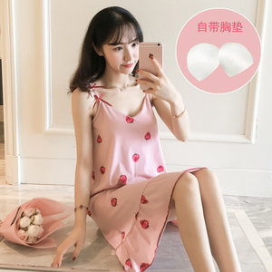 带胸垫性感睡裙女夏季清新学生吊带裙韩版短袖纯棉睡衣夏天可外穿