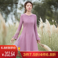 烟花烫2019春新款女复古文艺甜美清新绣花收腰长袖连衣裙 雨佳