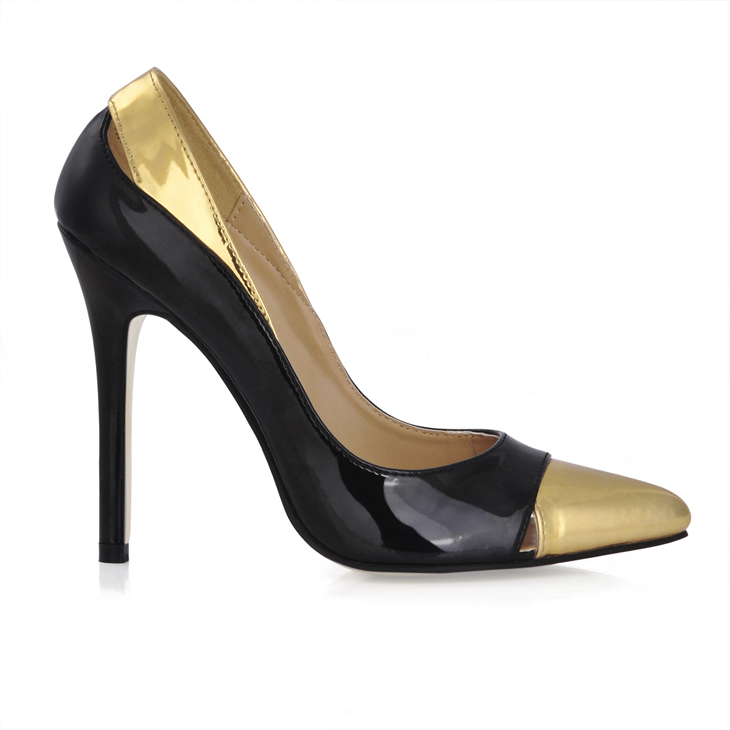 12CM高跟鞋浅口尖头大码细跟黑金色漆皮高跟