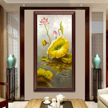 新中式简约现代荷叶装 饰画纯手绘玄关荷花油画欧式走廊九鲤鱼挂画