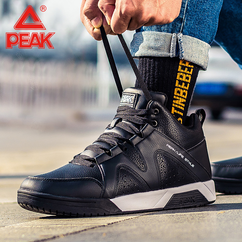 PEAK Men's Shoes 2019 Winter New Casual Shoe Leather Top Warm High Top Board Shoes Black Simple Cotton Shoes Sports Shoes