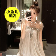 名媛网红重工镶钻闪亮礼服裙女小心机露锁骨金线百褶连衣裙潮 韩版