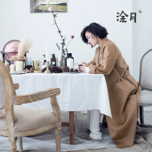 涂月小众设计莫兰迪长款羊毛外套女冬水波纹慵懒翻领系带风衣外套图片