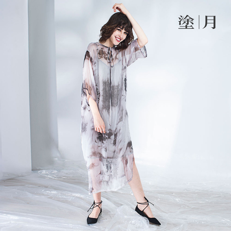 涂月设计师中国风真丝印花连衣裙中长款两件套女秋气质显瘦长裙商品大图