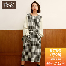 森宿中长款气质Y秋装2018新款初秋文艺抽绳拼接复古格纹连衣裙女图片