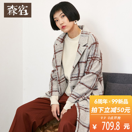 森宿Y翻领格子毛呢外套女冬装2018新款ins中长款宽松气质呢子大衣商品大图