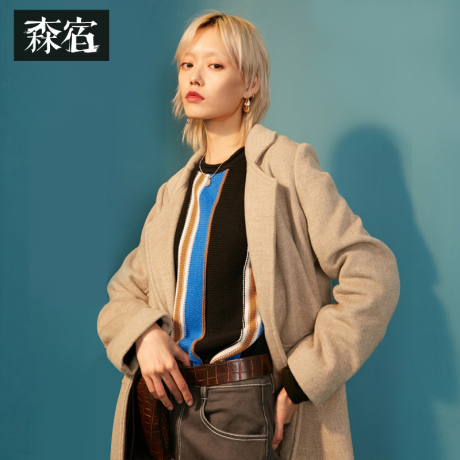 森宿Y杏色翻领毛呢大衣女冬装2018新款ins宽松中长款加厚呢子外套商品大图