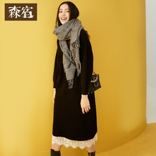 森宿气质针织黑色蕾丝毛衣裙女秋冬2018新法式中长袖两件套连衣裙图片